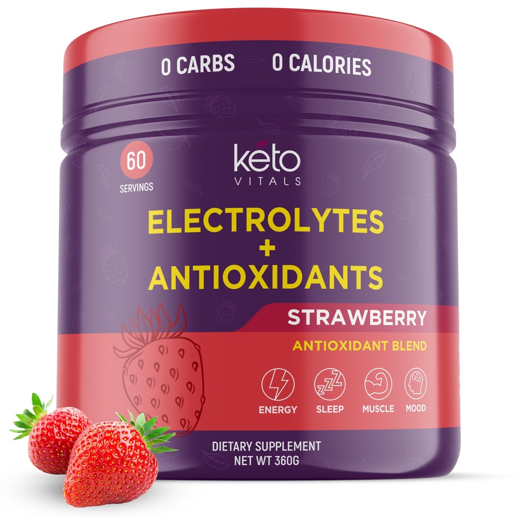 Keto Vitals Antioxidante Eletrólitos em Pó - Eletrólitos de Mistura com Potássio, Magnésio, Sódio, Cálcio, Eletrólitos de Keto Suplemento Energia Mistura de Bebidas, Zero calorias, Zero carboidratos