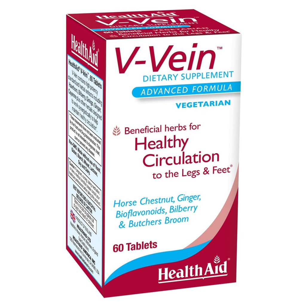HealthAid V-Vein, Nutrientes benéficos para circulação saudável para pernas e pés, 60ct, Uma vez por dia, contém Ginkgo, Sementes de uva, Vitamina C e Bilberry, Vegan