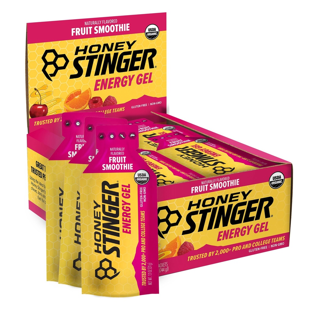 Honey Stinger Organic Fruit Smoothie Energy Gel, Gluten Free & Caffeine Free, para exercício, execução e desempenho, Nutrição Desportiva para Casa e Ginásio, Pre & Mid Workout, 24 Pack, 26.4 Ounce