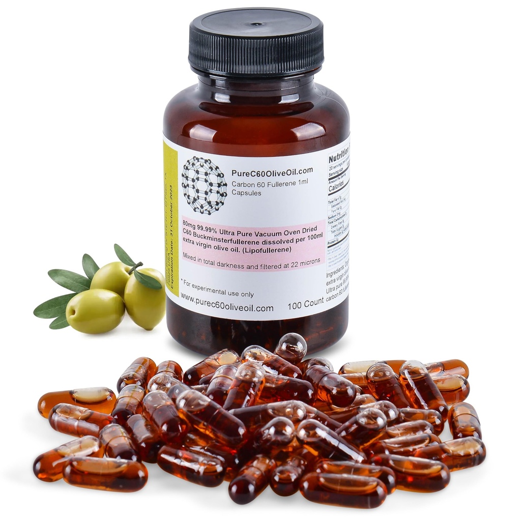 PureC60OlivePetróleo C60 Olive Olive Cápsulas Comprimidos 100ml / 3.4 Fl Oz - 99,99% Carbono 60 Solvente Grátis 80mg - Grau Alimentar - Carbono 60 Olive Azeite - Do principal produtor global