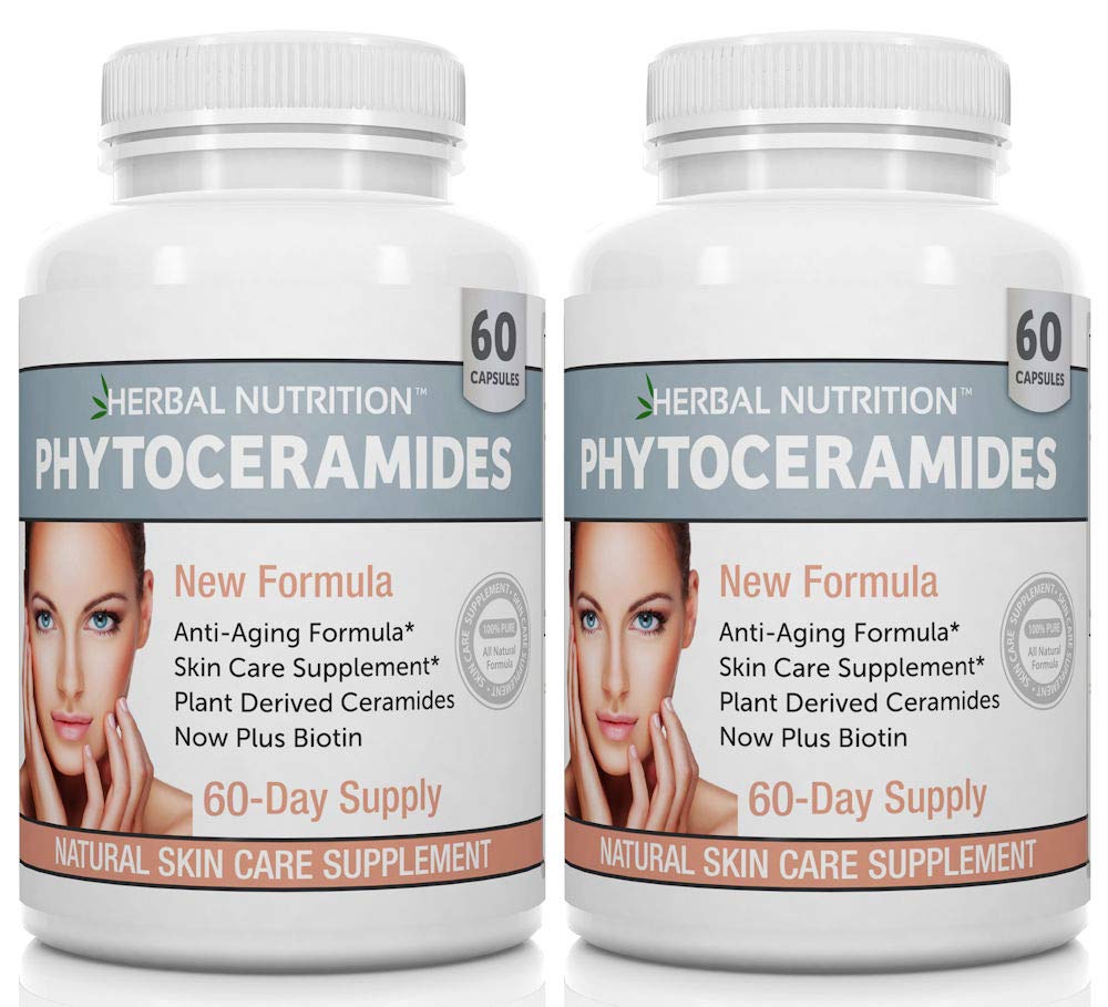 Fitoceramidas Arroz Com base em Biotin Anti Envelhecimento Suplemento, Removedor de rugas e Hidratante Facial com Fitoceramidas Vitamina A, C, D e E, Pacote de Duas Garrafas, 120 Cápsulas 40mg, Gluten Free