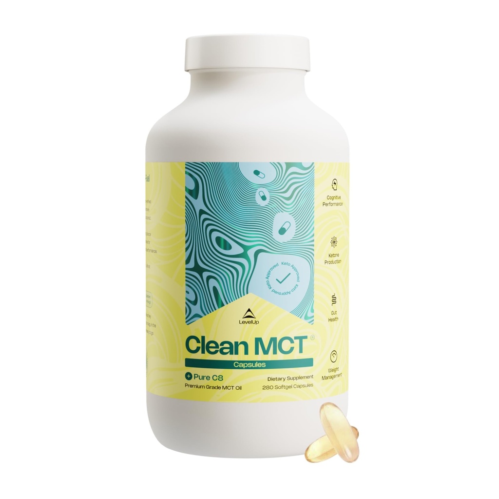 LevelUp Clean MCT Oil Cápsulas - 100% Caprylic C8 para Energia, Foco, Gestão de Peso, Gut Health, Supercombustível Cerebral - Keto Supplement for Ketogenic Diet and Ketones - Non-GMO (280 Count)