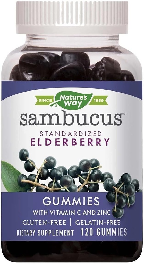 Maneira da natureza Sambucus Elderberry com vitamina C e zinco, 120 chicletes
