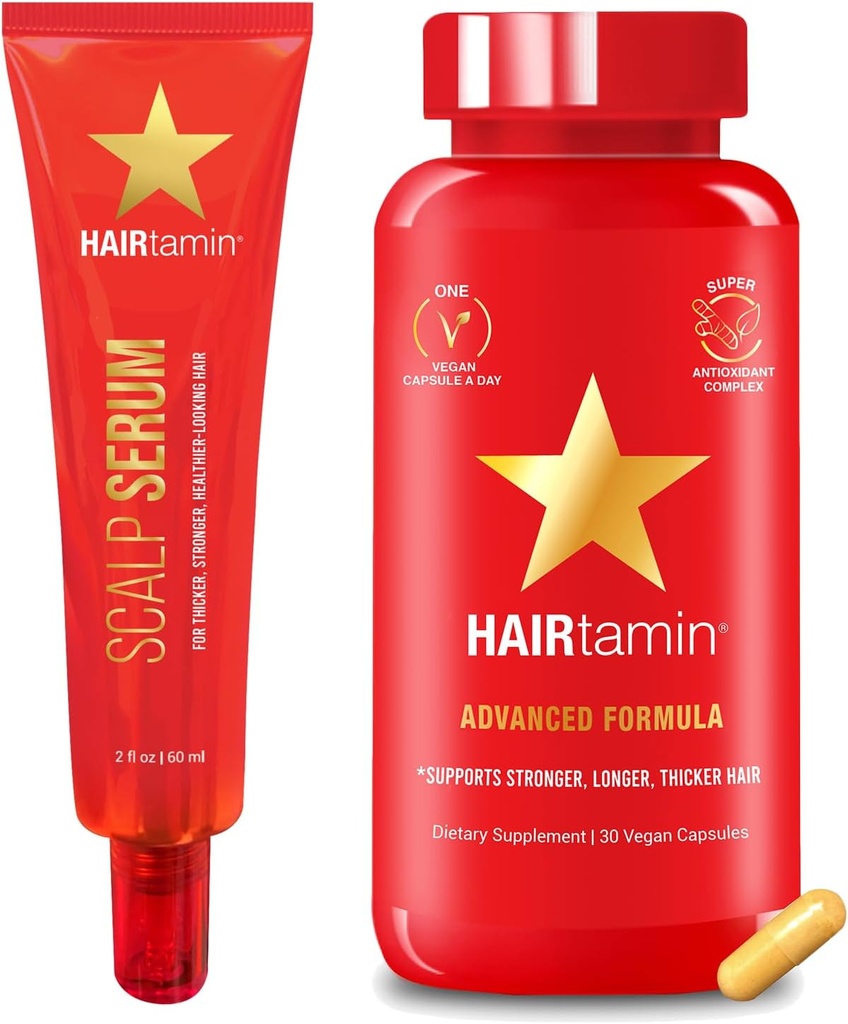 Hairtamin Advanced Hair & Scalp Serum Pack □ Cápsulas de Biotina Vegan All-Natural & Amostra de soro para cabelo, Pele & Crescimento de unhas