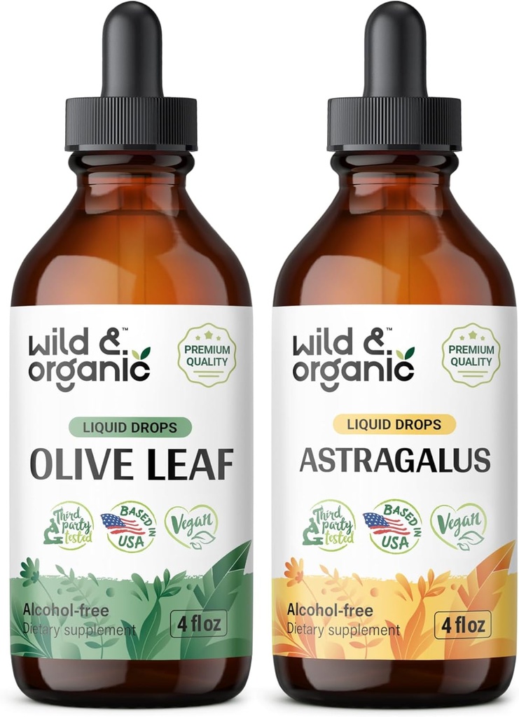 Tintura de Folha de Oliva Selvagem e Orgânica 4 fl oz & Astragalus Tintura 4 fl oz