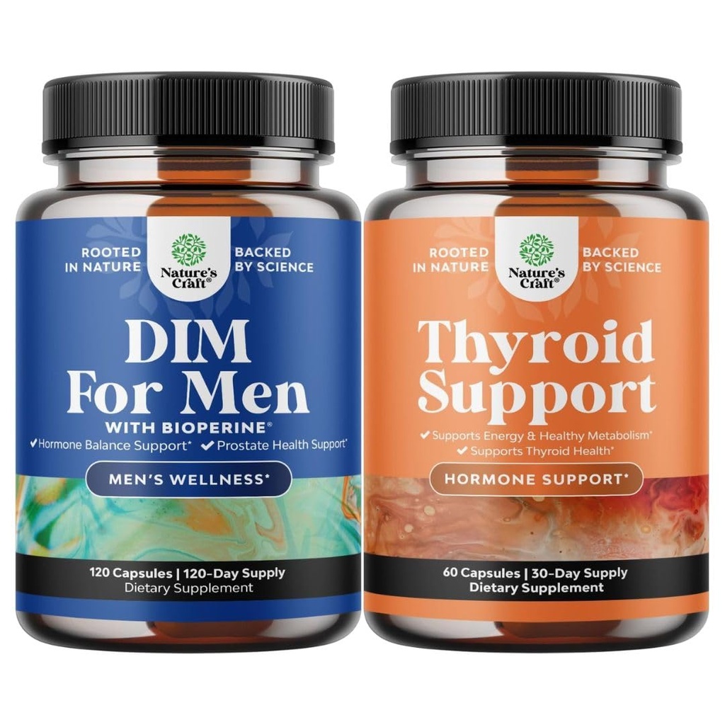 Pacote de Suplemento DIM para Homens com Panax Ginseng Bioperine Sementes de uva e Astragalus para Saúde Próstata e Complexo de Apoio à Tiróide Herbal com L Tyrosine, Bladderwrack, Selenium e Puro Ashwagandha