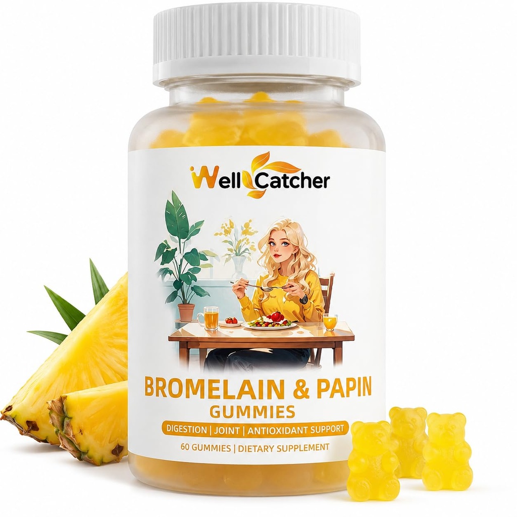 Bromelaína Papain Enzima Gummies Suplemento: Bromelain 500MG com Querectin Gummies para Adultos Crianças, Bromelain Papaya Enzimas Mastigáveis para Apoio Digestivo Imunidade Antioxidante Vegan 60CT