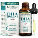 LiveWise Naturals DHA Omega-3 Drops líquidos para lactentes e crianças, Vegan-Amigo Omega-3 Suplemento essencial, Promove o cérebro saudável, olhos, defesa do corpo, Baby e nutrição infantil