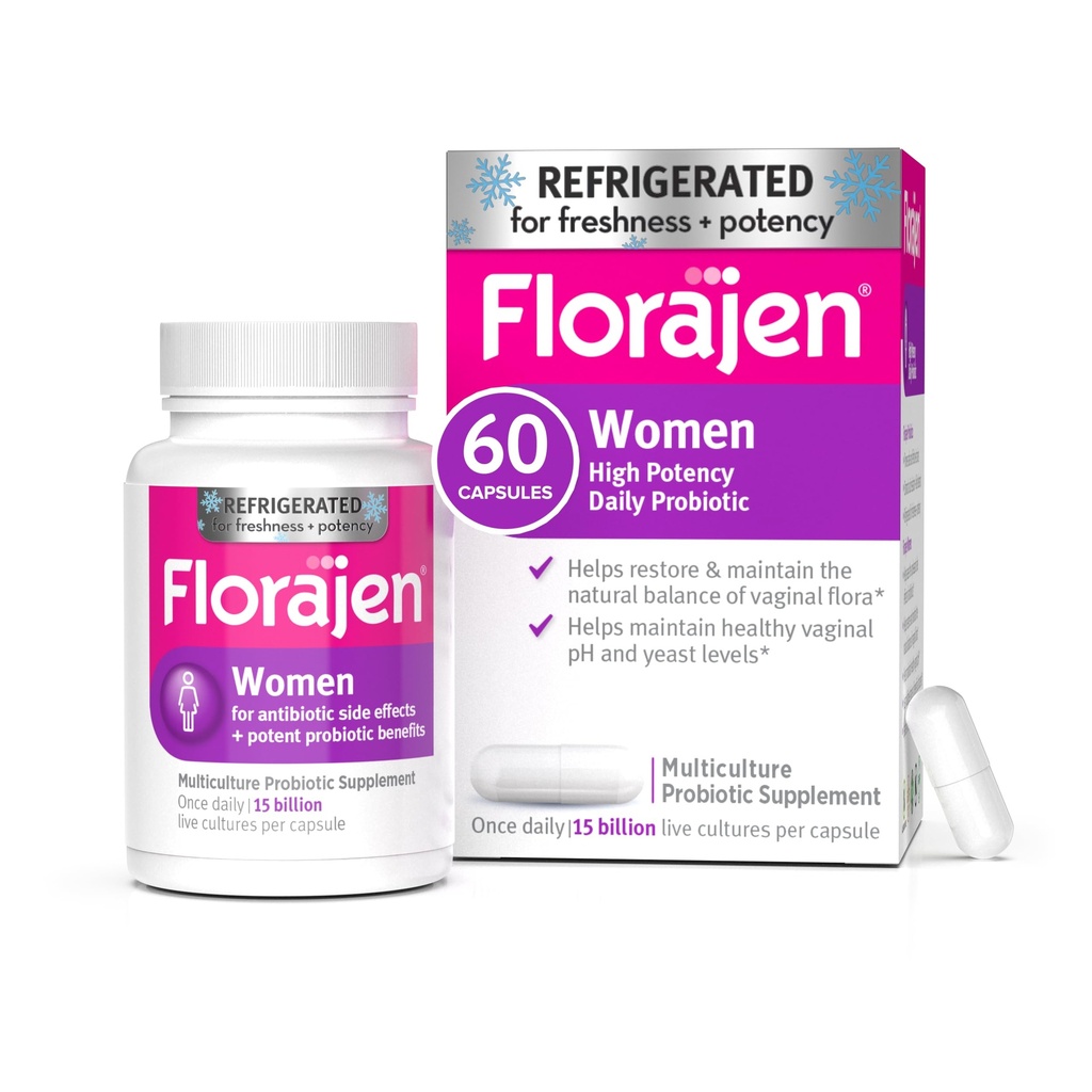 Florajen Women's Vaginal Probiótico - Gut Health, Balanço do pH vaginal, e alívio da constipação - Fórmula multi-deformação com Lactobacillus - Refrigerado para potência - 60 Cápsulas