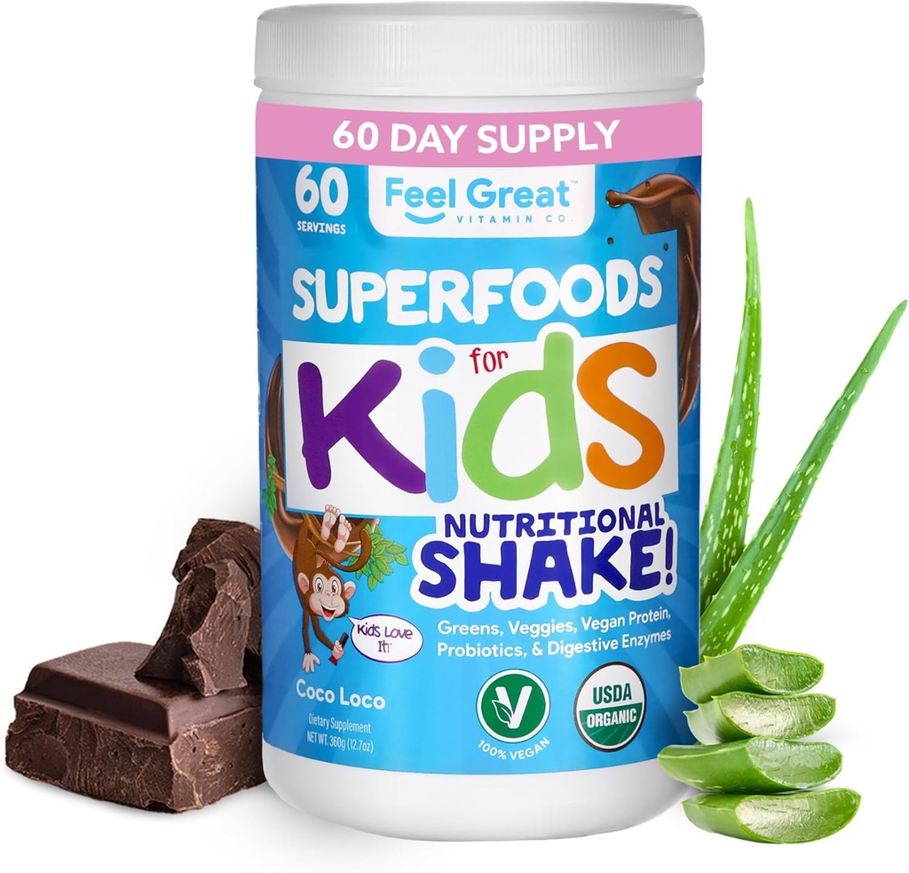 Crianças Orgânico Super Verdes Pó com frutas e vegetais - Tudo-Em-Um Crianças Multivitamin feito de plantas reais - Sem vitaminas sintéticas, sem enchimentos ou ligantes, Sem açúcar adicionado.