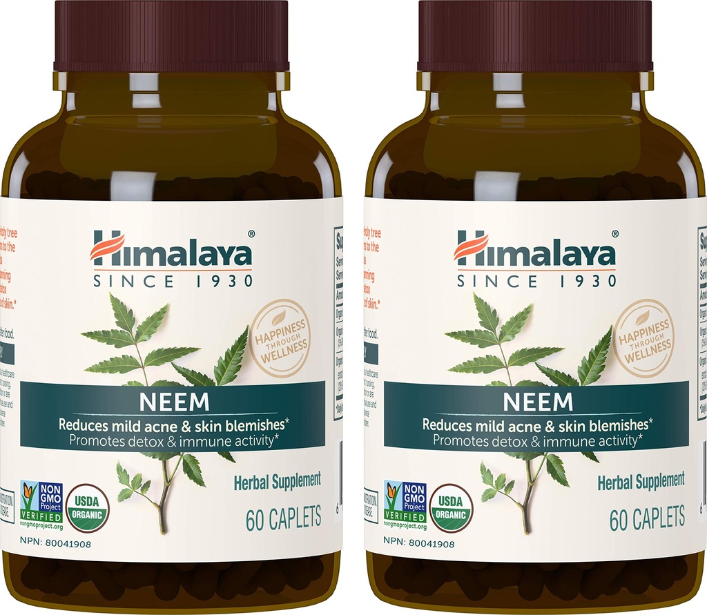 Himalaia Orgânico Neem Herbal Supplement, para Mild Acne & Clear Skin, Purificante, Ayurvedic, USDA Certified Organic, Non-GMO, Vegan, 600 mg, 60 Caplets Based Plant, 2 Pack