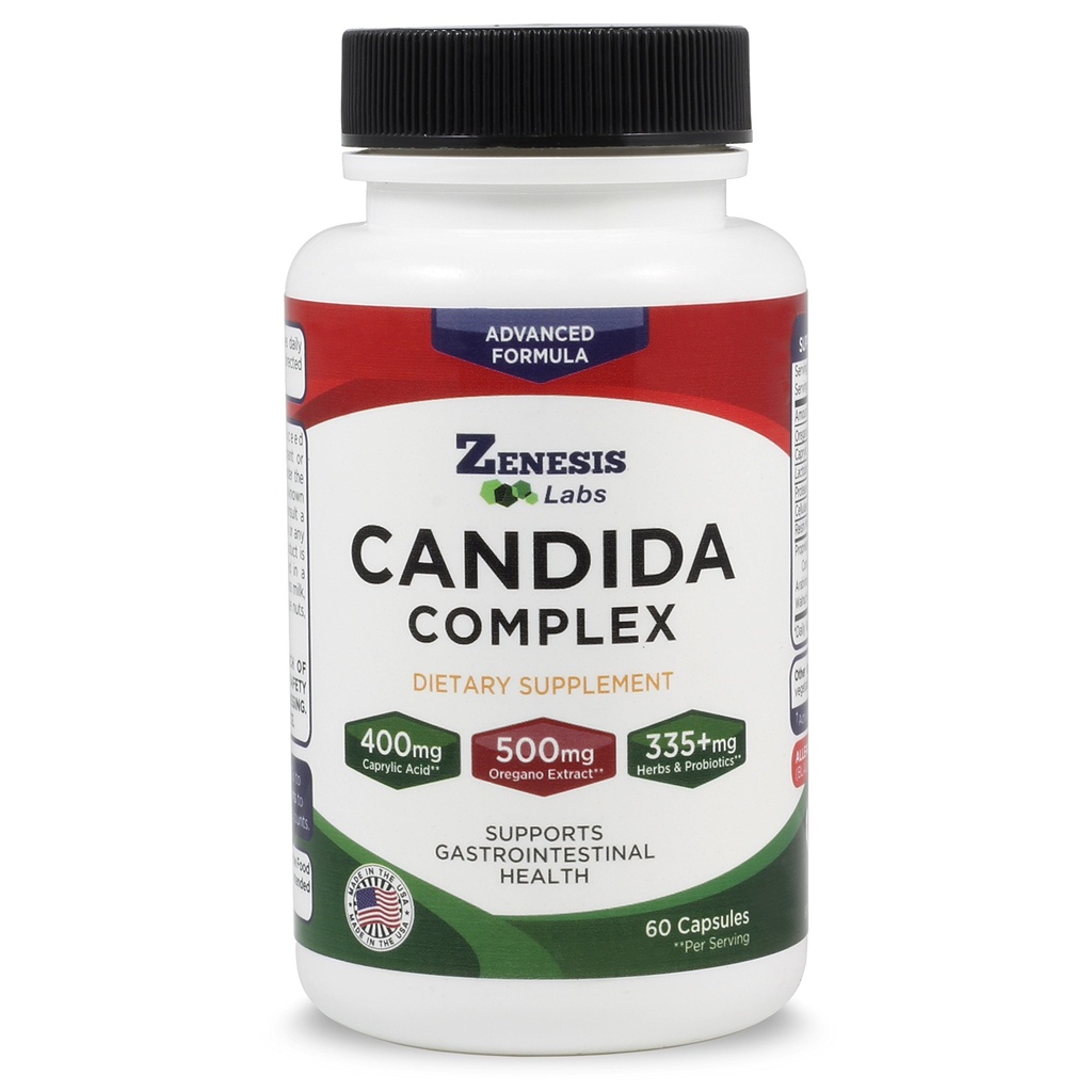 Zenesis Labs Candida Complex Cleanse Detox Caprylic Acid Supplement, Orégano Extract, Probióticos, Enzimas (60 Cápsulas, Fonte de 30 dias)