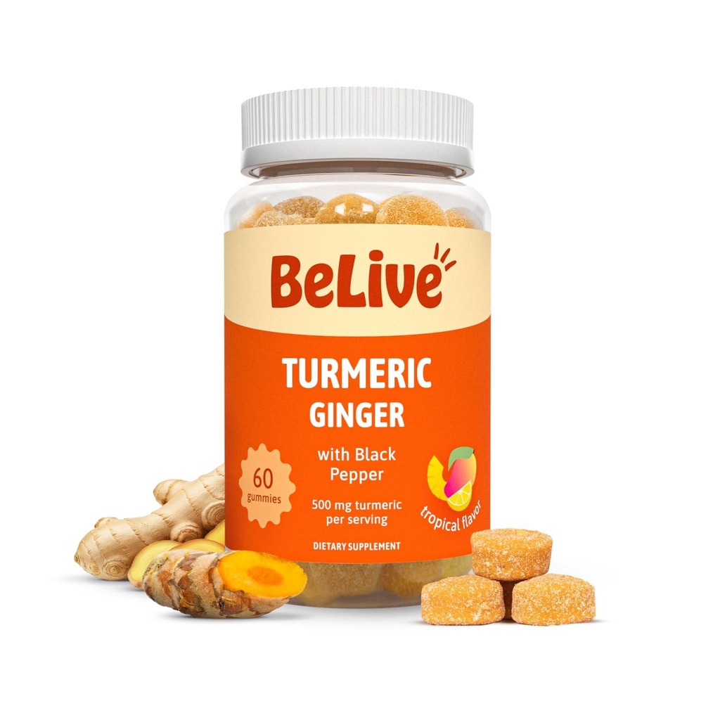BeLive Curcumin Turmeric com pimenta preta e gengibre - 500 mg de suplemento de açafrão e gengibre para apoio imunológico, pele saudável, e mobilidade - sabor tropical