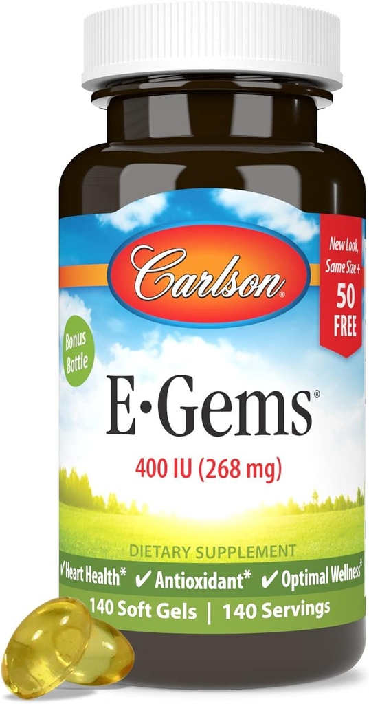 Carlson - E-Gems 400 UI (268 mg), Vitamina E de origem natural, Optimal Wellness, 140 Geles Macios