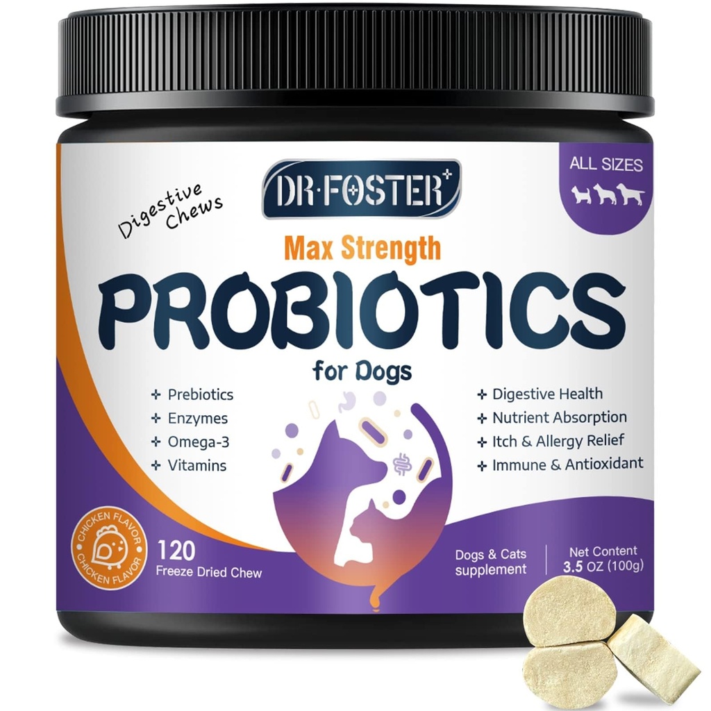 Probióticos para cães, Probióticos do cão congelado-secados e Enzimas Digestivas, Mais Omega-3 para Pele Comichão, 3 em-1 Prebióticos para Saúde Digestiva, Vitaminas e Suplementos para Saúde Imune, 120 Mordidas