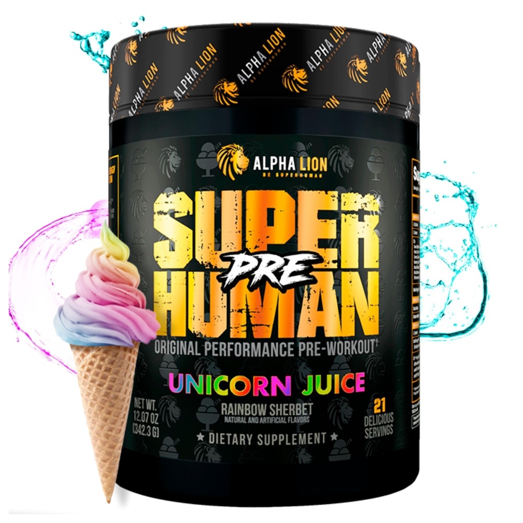 ALPHA LION Pó de treino pré-humano, Beta Alanine, L-Taurine & Cafeína Tri-Fonte para Energia e Foco Sustentados, Óxido nítrico e Citrulina para Bomba (21 Servões, Suco de Unicórnio)