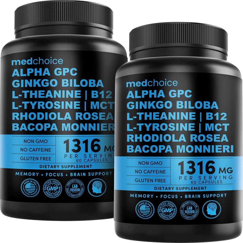 12-em-1 Nootrópico Suplemento Cerebral Anhydrous: Ginkgo Biloba para suporte ao cérebro, memória e foco - B12, Alpha GPC, L Theanina e suplementos de colina com Bioperine não cafeína 1321mg (120ct)