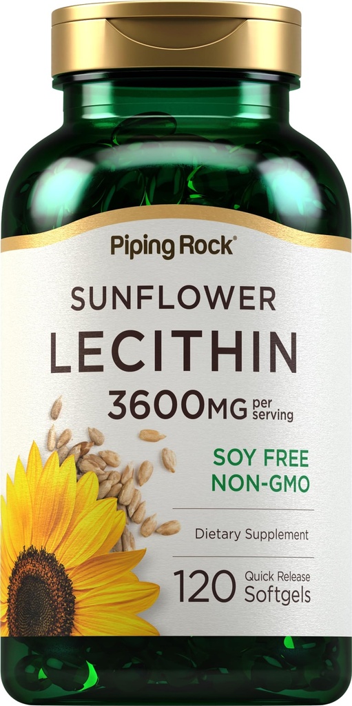 Piping Rock girassol Lecithin Softgel Cápsulas .3600 mg , 120 Contagem rica em Fosfatidilcolina , sem soja, sem OGM, sem glúten