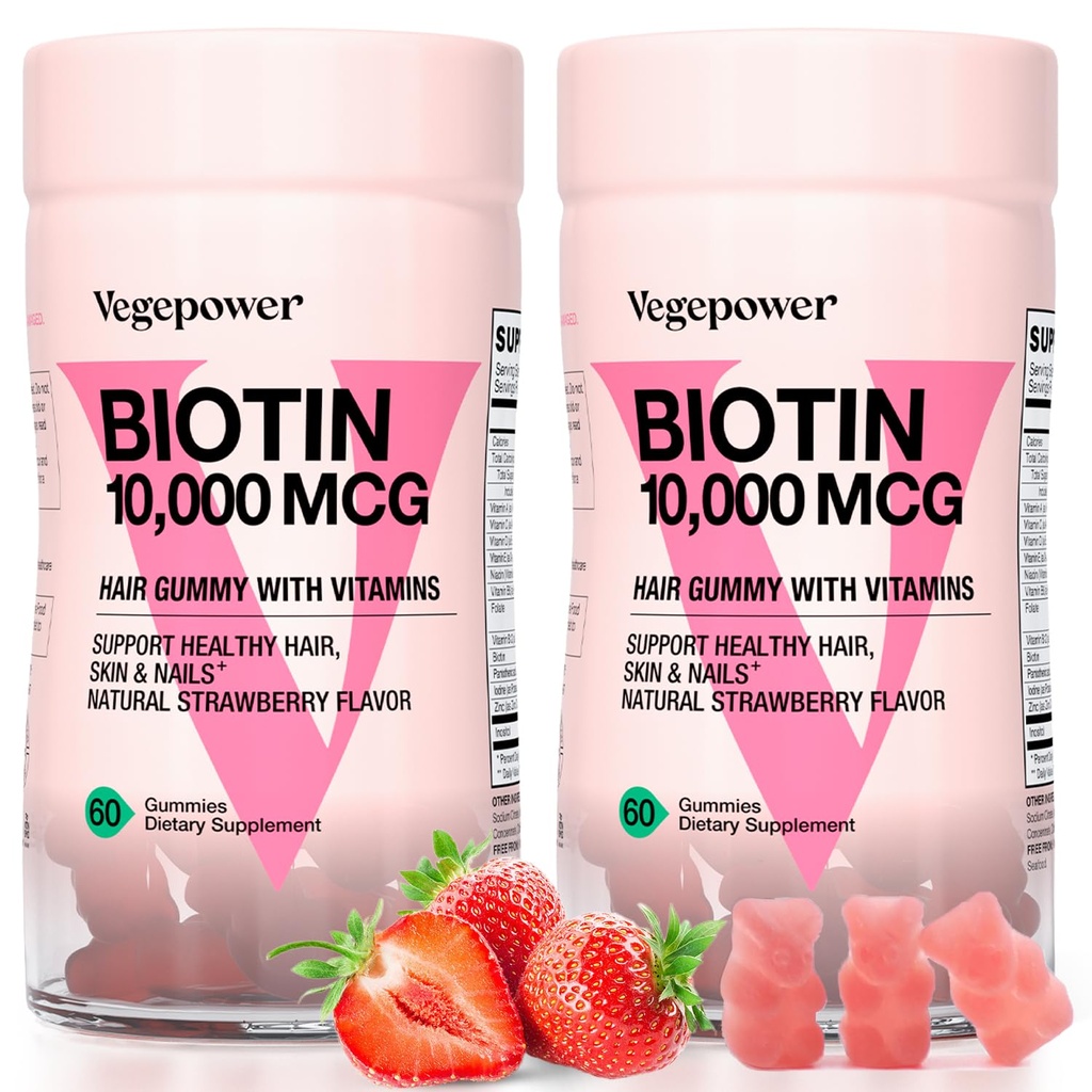 Biotin Gummies 10000mcg Suplementos - com vitamina C, A, D, B-Complexo, Folato, Zinco para Mulheres & Meninas- Vegan Biotin Goma de crescimento do cabelo para cabelos saudáveis e unhas, Não-GMO, Morango, 120 Urso