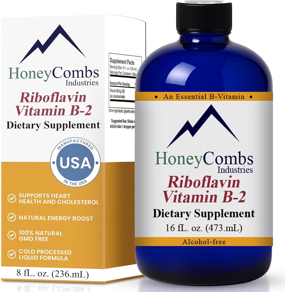 HoneyCombs Vitamina B2 Riboflavina Suplemento Drops Líquidos - Vitamina B2 de alta potência para homens e mulheres - Manter a Digestão Saudável, Sistema Nervoso, Cabelo, Pele, Unhas - Vitaminas Líquidas Vegan (16 Fl oz)