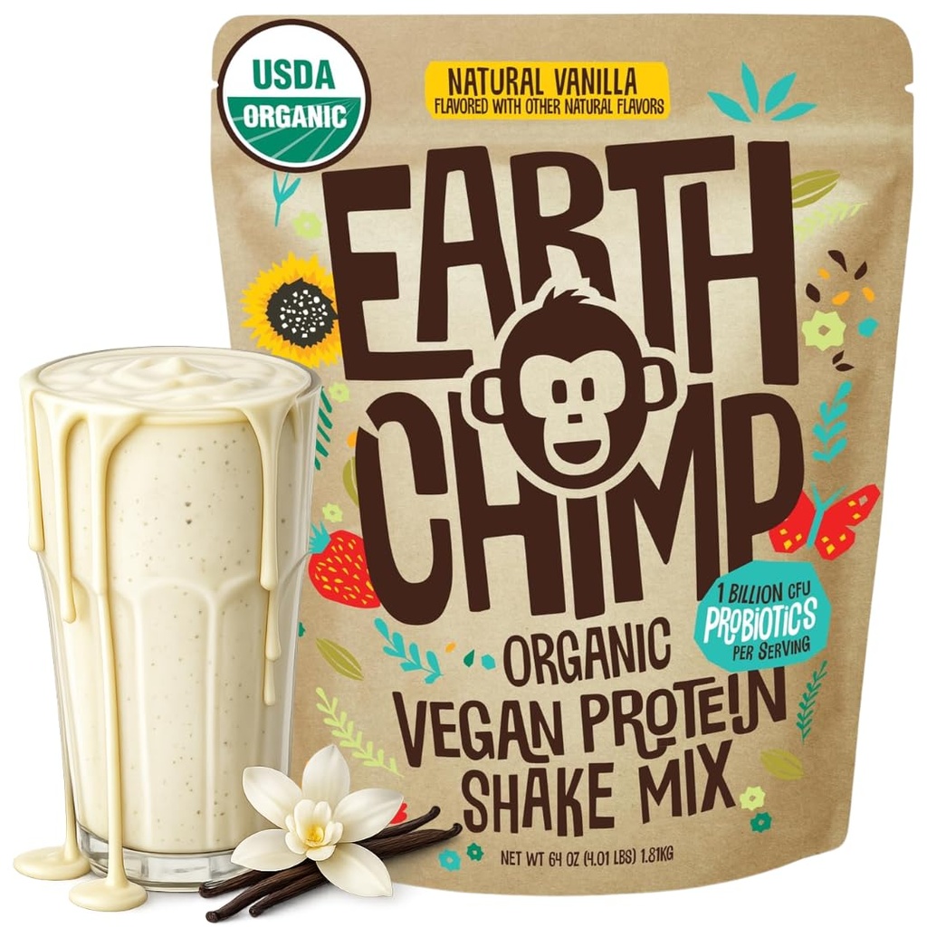 TerraChimp Organic Vegan Protein Powder - com Probióticos - Não OGM, Leite Livre, Não Whey, Planta Based Protein Powder for Women and Men, Gluten Free - 52 Servings 64 Oz (Vanilla)