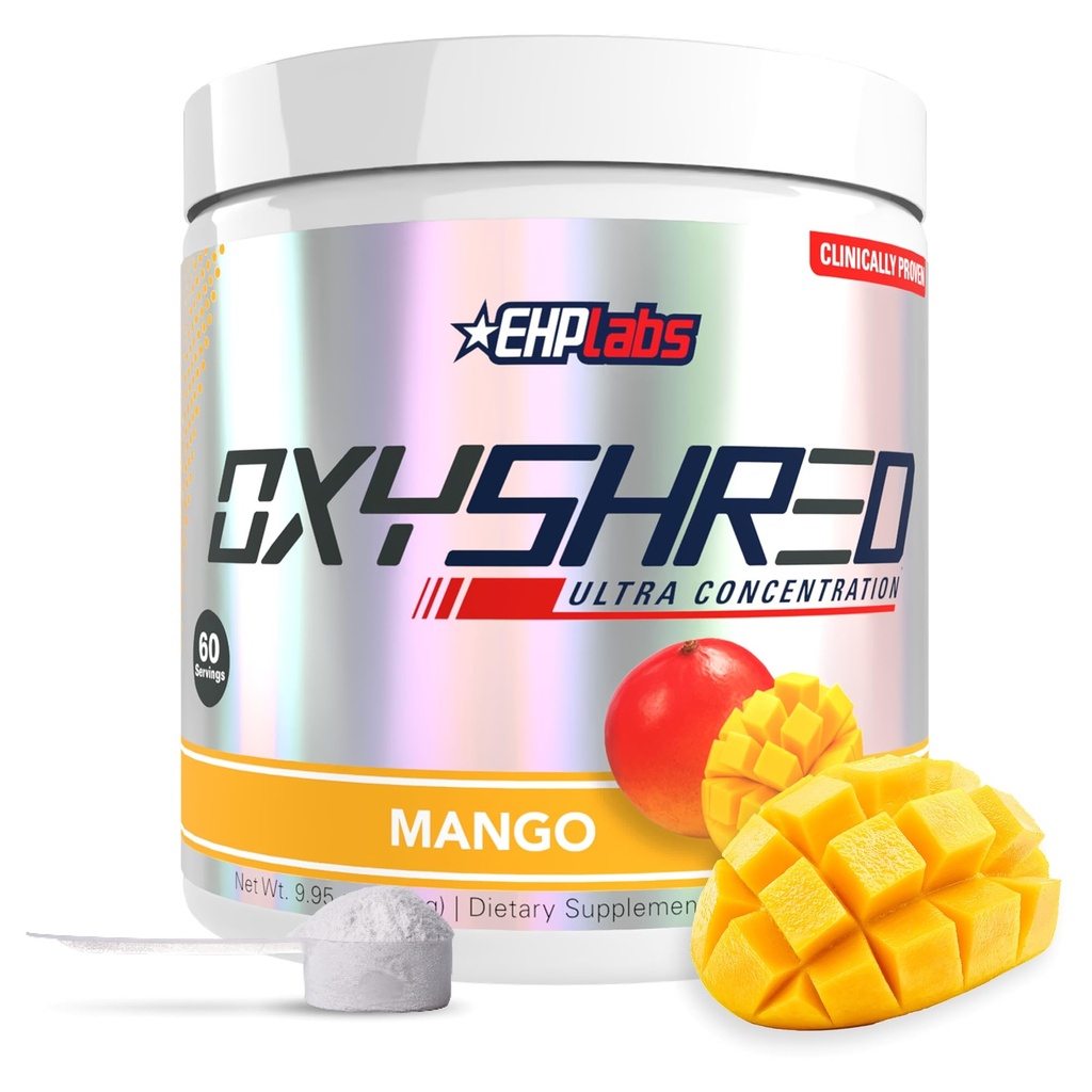 EHP Labs OxyShred pré-treino em pó - pré-treino em pó com L Glutamina e Acetil L Carnitina, Energia Boost Drink - Mango, 60 Servings