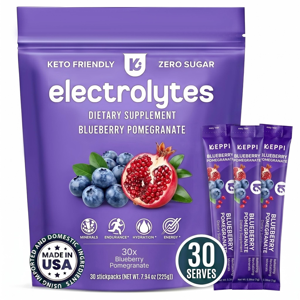 Keppi Electrolytes Powder Packets – Blueberry Romã 30 Servings – Sem Suplemento de Hidratação de Açúcar com Potássio, Magnésio, Sódio – Keto, Vegan, Fasting-Friendly, Zero Pacotes de Hidratação Calórica