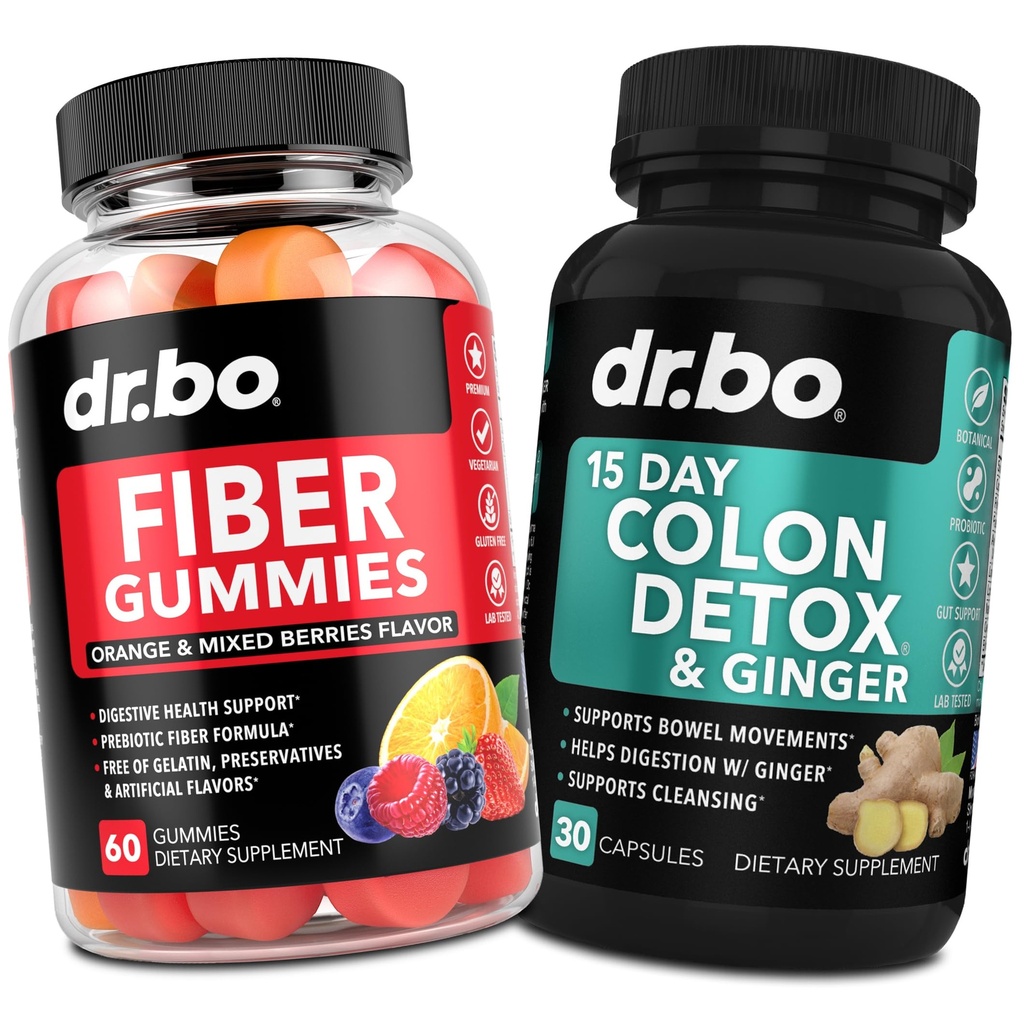 DR. BO Fiber Gummies Colon Cleanse & Ginger - Suplemento de fibra prebiótica saborosa Gummy - Suporte ao Movimento Bowel para limpeza de intestino e estômago
