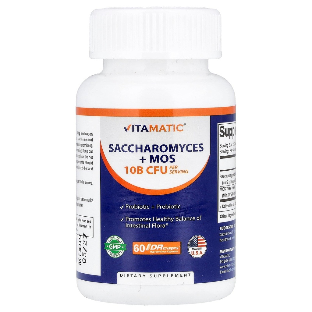 Vitamatic Saccharomyces Boulardii Probiótico 10B por Serviço + Extracto de Levedura (MOS Levedura Fracção) 300 mg - 60 Cápsulas DR - Made in the USA