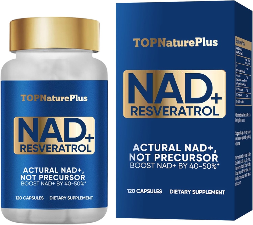 NAD+ Suplemento 1000 mg Puro Orgânico, Maior NAD+ Resveratrol Suplemento Max Absorção para Reparo de Energia e DNA, Defesa do Envelhecimento, Suporte de Função Cérebro, 120 Cápsulas