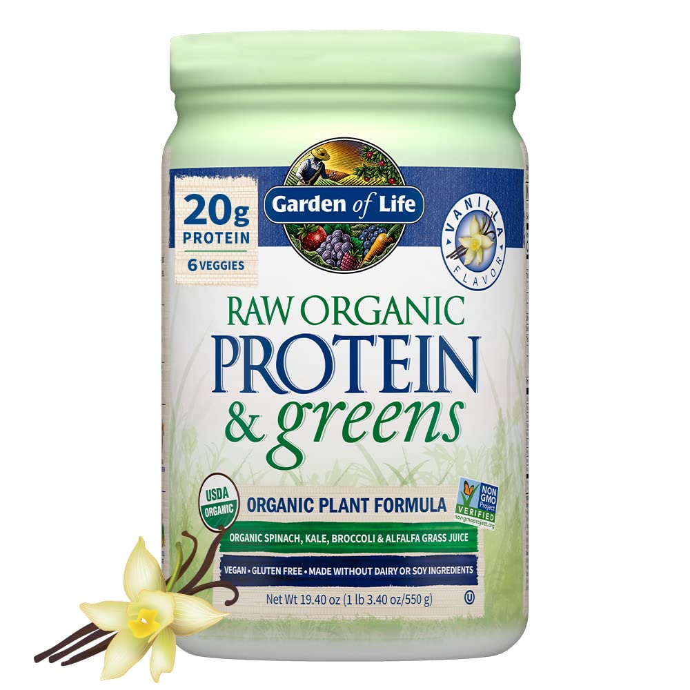 Jardim da vida Raw Orgânico Protein & Greens Vanilla - Vegan Protein Pó para Mulheres e Homens, Proteínas de Planta e Ervilha, Verdes e Probióticos, Gluten Free Baixo Shake Carb Made Without Dairy 20 Servings