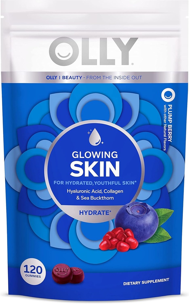OLLY Glowing pele Colágeno Gummy, Hidratado, Pele jovem, Ácido hialurônico, Sea Buckthorn, Chewable Supplement, Berry, 60 Day Supply - 120 Count Pouch (Pacote de 6)
