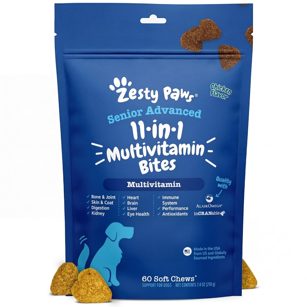 Zesty Paws Senior Dog Multivitamin Treats - Glucosamina para Cães + Enzimas Digestivas & Probióticos - Vitaminas e Suplementos para Cães Livres de Grãos para Pele & Revestimento + Frango Saúde Imune - Avançado - 60ct