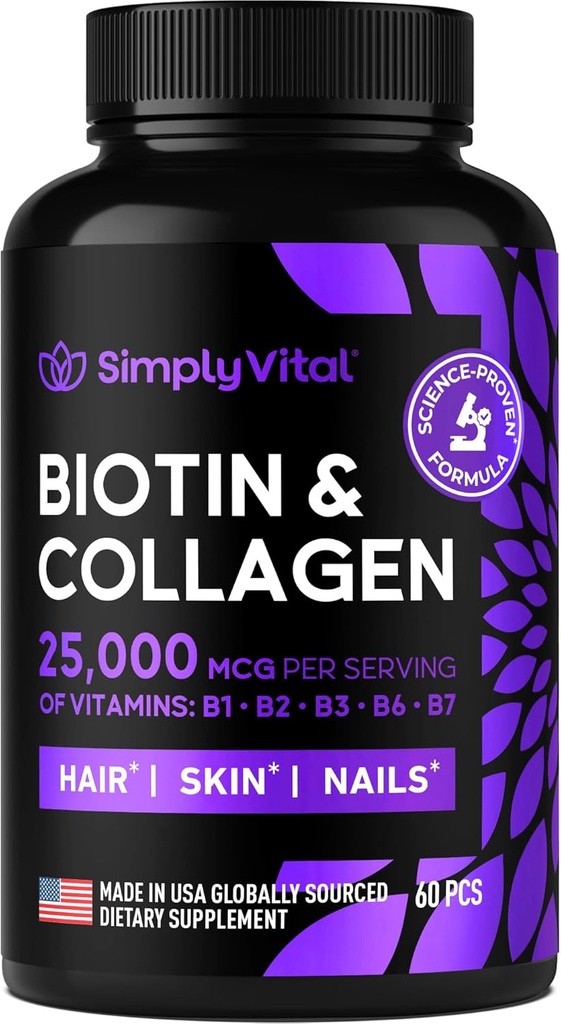 Biotina e Colágeno Suplementos com queratina 25000 mcg - Pele e unhas do cabelo Vitaminas com Colágeno Complexo queratina B - Made in USA - Biotina para o crescimento do cabelo Mulheres e homens Apoiar pele e unhas, 60 Cápsulas