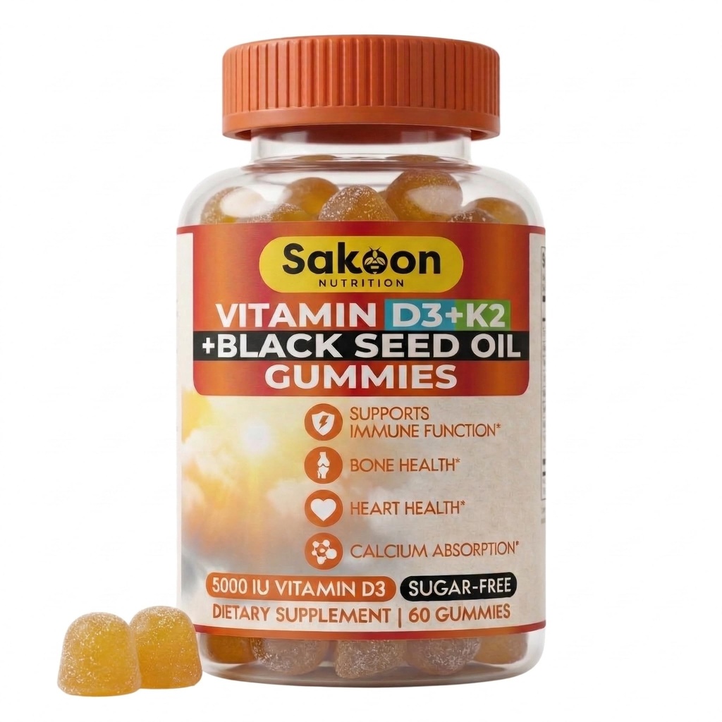 Nutrição de Sakoon 5000 UI Suplemento Vitamina D3 K2 com óleo de semente preta para osso, dentes, músculo e defesa imune, sem OGM e sem glúten, 60 chicletes mastigáveis