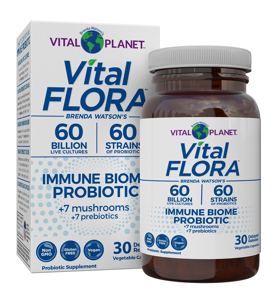 Planeta Vital - Flora Vital Imune Suporte Probiótico, 60 bilhões de UFC, Deformação Diversa, Suplemento de Cogumelo Orgânico Mistura com Prebióticos, Probióticos de Saúde Digestiva para Mulheres e Homens 30 Cápsulas
