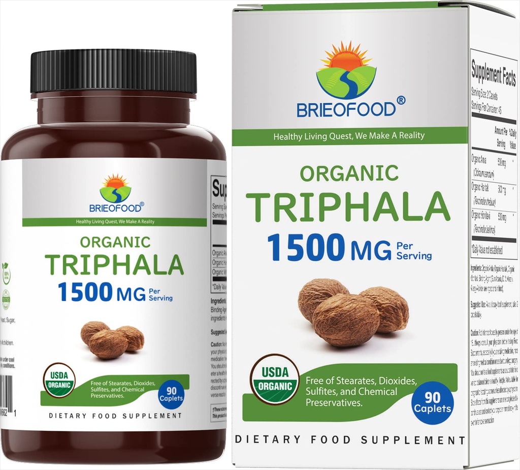 Brieofood Organic Triphala 1500mg, 45 Servings, Vegetarian, Gluten Free, 90 Comprimidos Vegetarianos