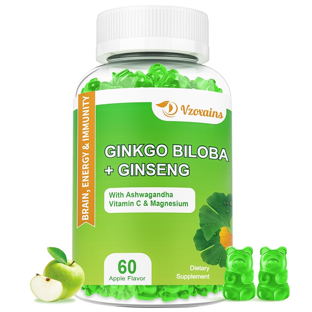 240MG Ginkgo Biloba Gummies com Ginseng e Magnésio, Ginko Biloba Suplementos Gummies para foco cerebral, humor e memória para adultos, 60 Cts