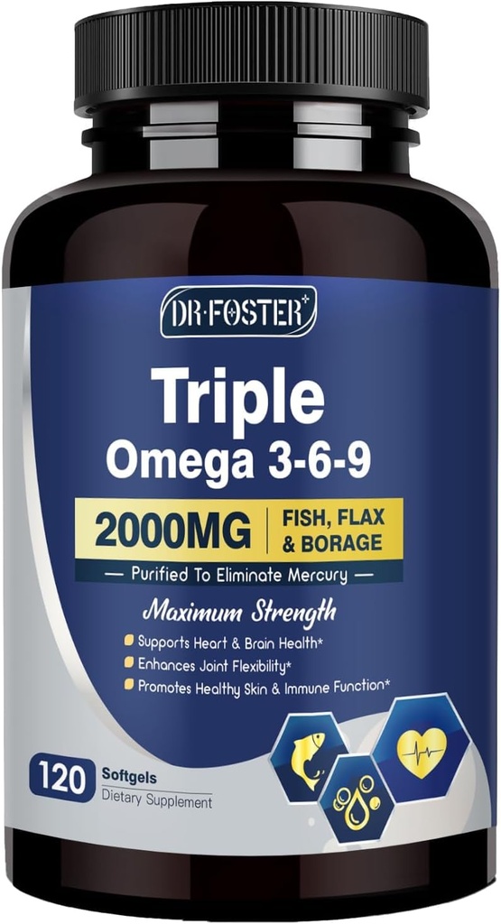 Triplo Omega 3-6-9 óleo de peixe 2000mg com vitamina E - EPA & DHA Fatty Acids Suplemento - Suporta coração, cérebro, olho, pele e saúde imunitária - Inclui linhaça e Boragem, não-GMO, 120 Softgels