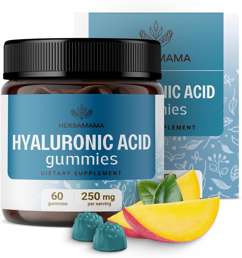 HERBAMAMA Gomas de ácido hialurônico - 250mg Ácido hialurônico puro para cabelo, pele e unhas de apoio - Vegan, suplemento de elasticidade da pele não-GMO - 60 mastigação de manga com base em pectina