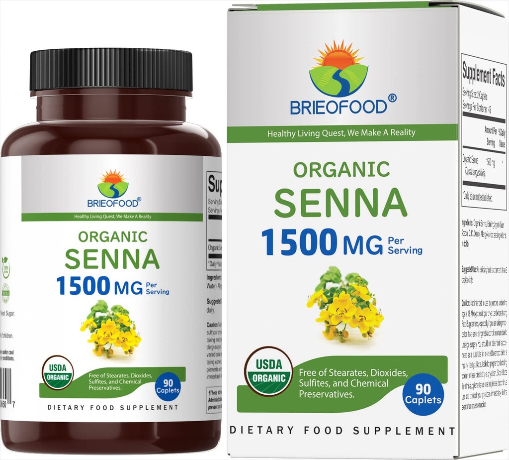 Brieofood Organic Senna 1500mg, 45 Servings, Vegetarian, Gluten Free, 90 Comprimidos Vegetarianos