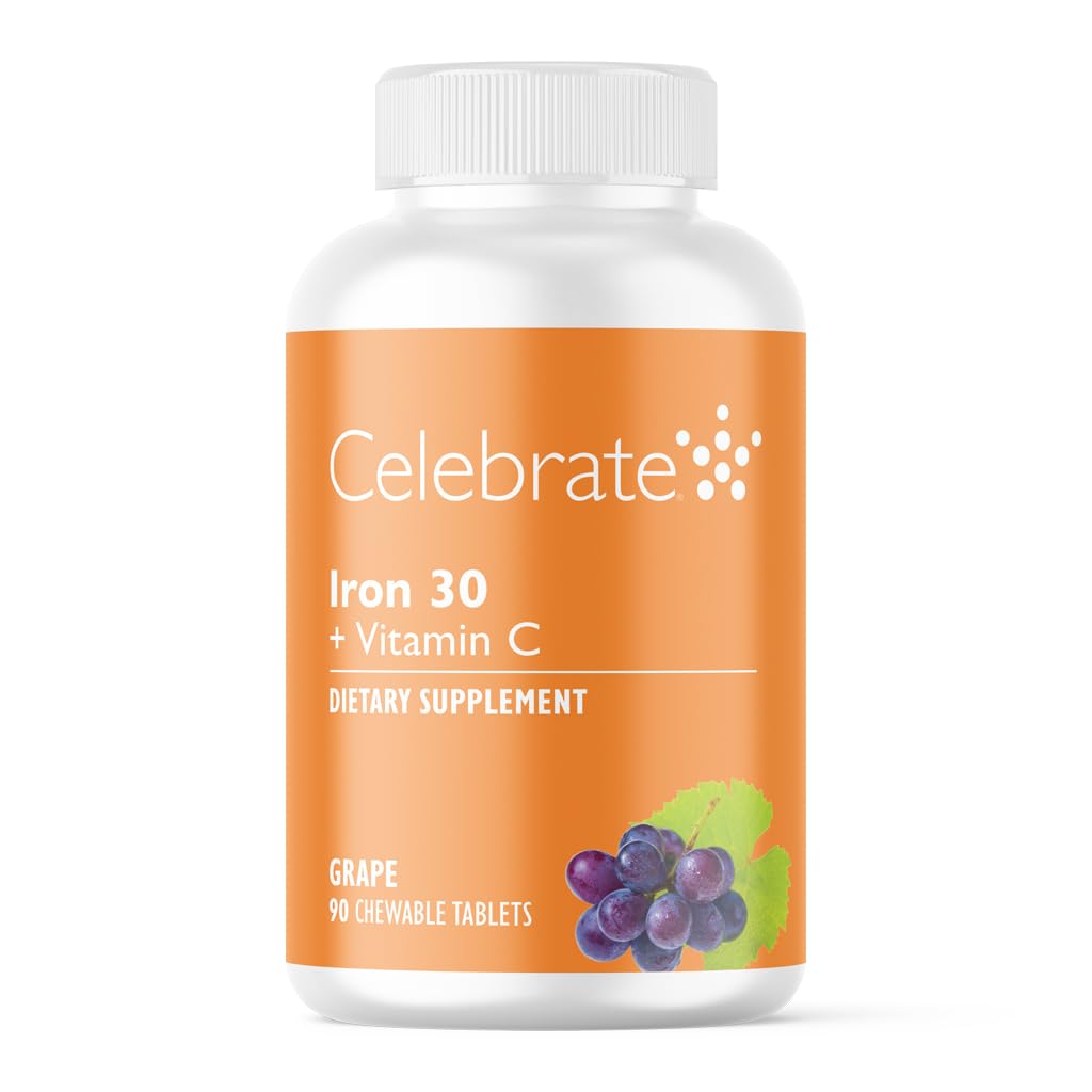 Celebre Vitaminas Suplemento de Ferro com Vitamina C - 30mg Ferro, 60mg Vitamina C, Vitaminas Bariátricas para Pacientes com SLS, Mangueira Vertical e Cirurgia de Bypass gástrico – Uva, 90 comprimidos mastigáveis