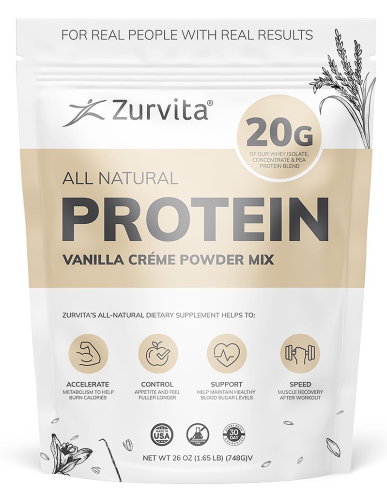 Zurvita - Baunilha Crème Proteína em Pó, Probióticos, Sem Adoçantes Artificiais, 24+ Vitaminas & Minerais, 140 Cal/Scoop - 26 onças (20 Serventes)