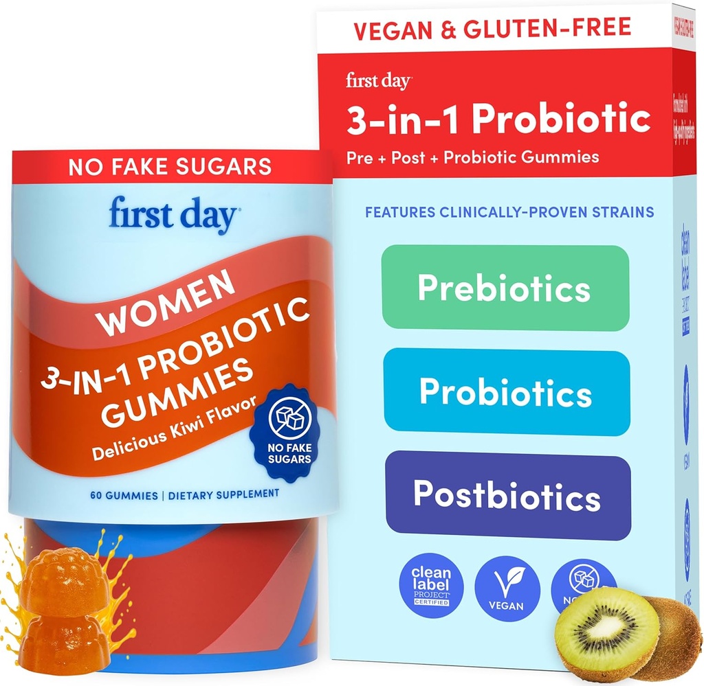 Primeiro dia Mulheres 3-em-1 Gummies Probiótico – Prebiótico + Probiótico + Suplemento Postbiótico – Suporta Saúde Digestiva e Oral, Função Imune & Níveis de Energia – Fonte de 30 dias