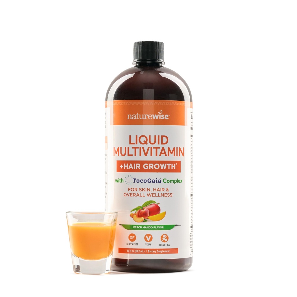 NaturezaWise líquido Multivitamin Crescimento do cabelo para mulheres e homens + Tocogaia® para o crescimento do cabelo e pele Elasticidade Suporte + Biotina, Vitamina D, E, B - Açúcar livre Multivitamin, Vegan - 30 fl oz[30 Servimentos]