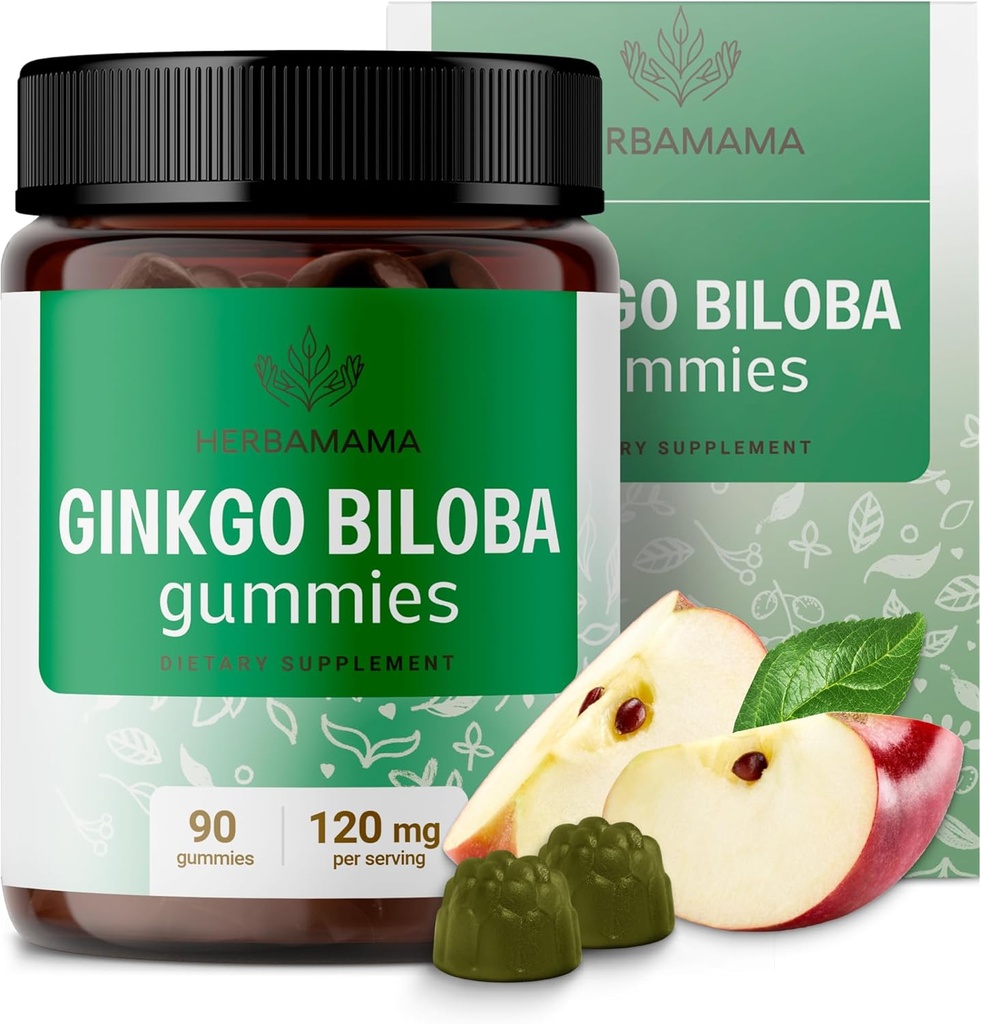 HERBAMA Ginkgo Biloba Gummies - 120mg Ginkgo Biloba Herb para suporte ao cérebro - Vegan, Não-GMO Brain Focus & Clarity Supplement - 90 Pectin-Based Apple-Flavored Chews