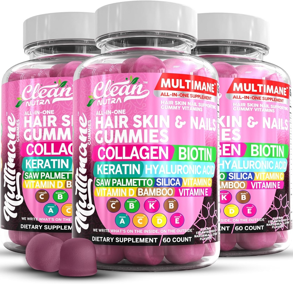Gummies de colágeno multimane com biotina Queratina Ácido hialurônico Bambu Vitamina A C Vitamina D Vitamina E Folato Saw Palmetto Silica B3 Vitaminas Pele de cabelo e unhas Gummies por Clean Nutra