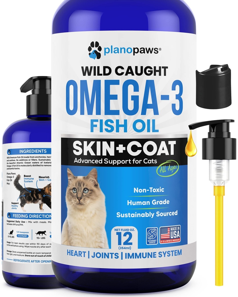 Ómega 3 Óleo de peixe para gatos - Melhor do que óleo de salmão - Kitten & Cat Vitaminas e Suplementos - Tratamento de caspa de gato - Óleo de peixe líquido para animais de estimação - Suporte de pastoreio - Suprimentos de saúde de gato para todas as idades