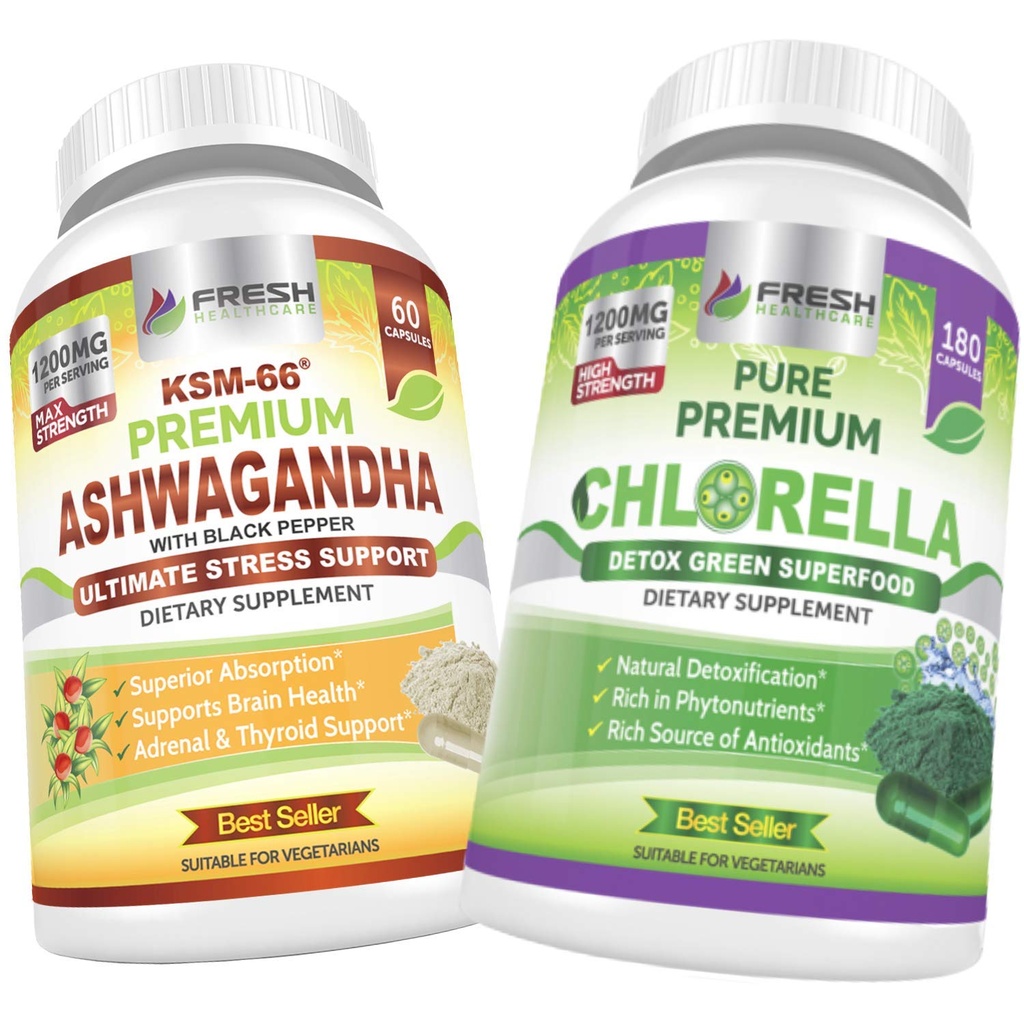 SAÚDE FRESCA Ashwagandha KSM 66 e chlorela Detox Superfood - Pacote