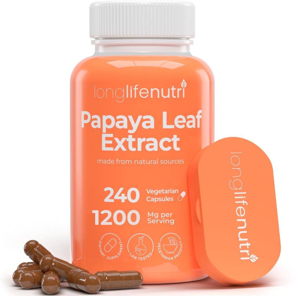 LongLifeNutri Papaya Leaf Extract Supplement 1.200mg por serviço - 240 Cápsulas Vegetarianas, Fornecimento de 4 meses, da Carica Papaya para Bem-Estar Diário, Certificado GMP, Made in USA